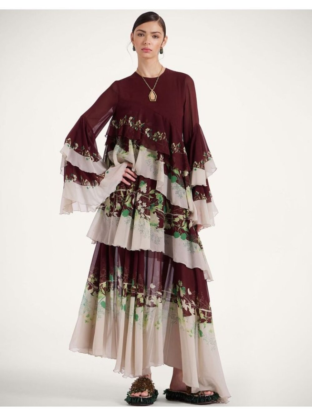 NWT La DoubleJ Naiad Silk Chiffon Maxi Dress Woodland Placee Womens Size XXS